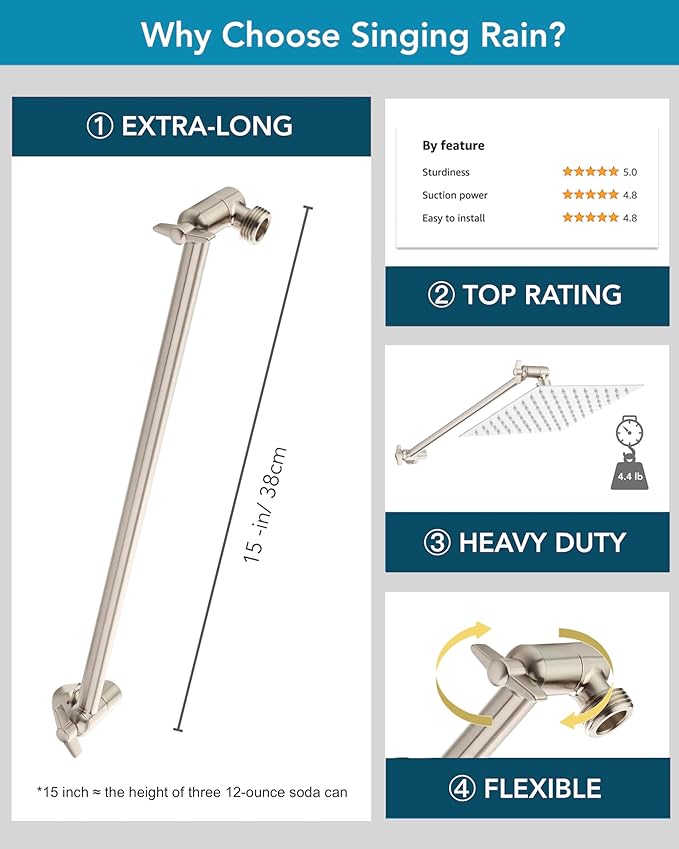 15 Inch Extra Long Adjustable Shower Head Extension Arm With Locking Set Screw, Singing Rain Brass Angle Height Adjustable, Easy To Install, G1/2 Universal Connector Compatible (Nickel Brushed)