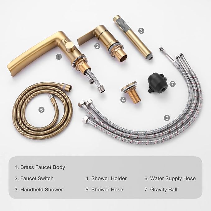 TapLong Waterfall Roman Tub Faucet with Hand Shower, Widespread Deck Mount Bathtub Faucet with Sprayer, Single-Handle 3-Holes Bathtub Shower Faucet Set in Brushed Gold, 03119BG