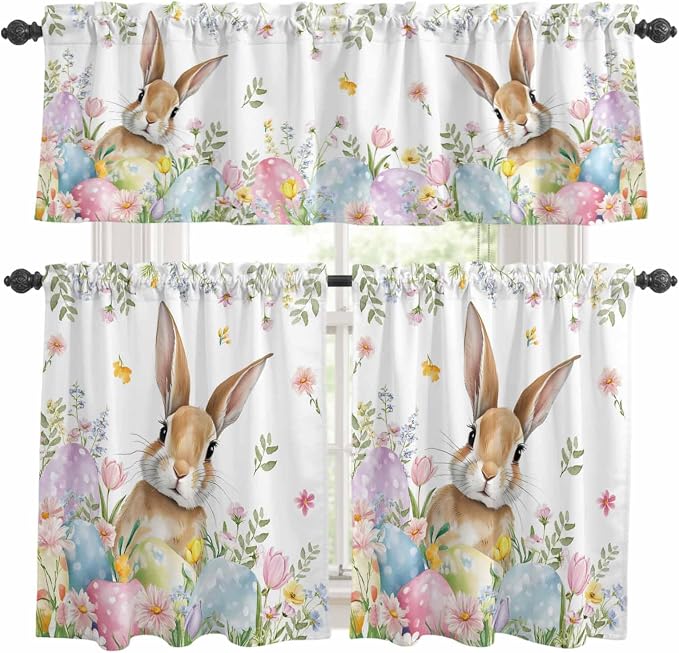 Kitchen Curtains Tiers and Valance Set of 3, Easter Light Filtering Window by Anzona