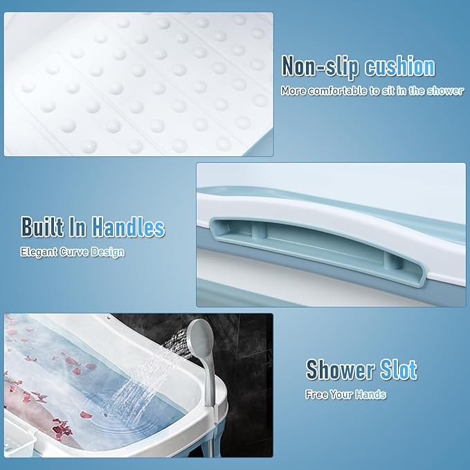 Portable Bathtub Portable Tub for Adults, 56" Foldable Bathtub for Adults Free Standing Tub for Shower, Ice Bath, Sitz Bath, Freestanding Bathtubs with Neck Pillow Blue