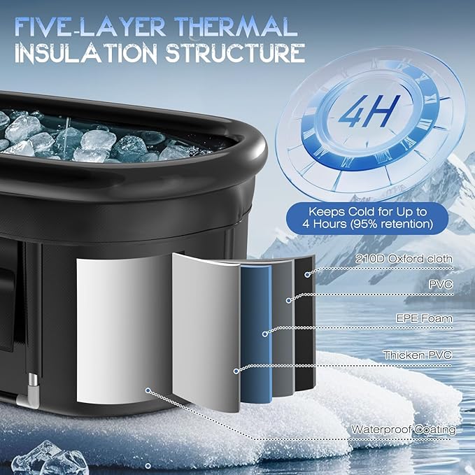 129 Gal Large Oval Ice Bath Tub with Air Ring, Cold Plunge Tub for Cold Water Therapy Exercise Recovery, Alu Support Portable Bathtub for Home, Gyms, Indoor, Outdoor