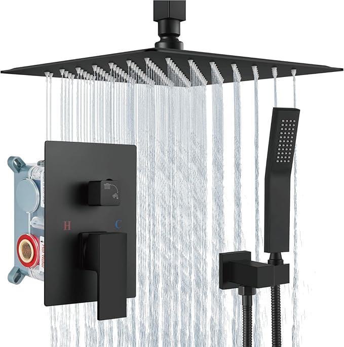 Aolemi Ceiling Mount Shower System Rain Shower Head with Handheld Spray High Pressure Shower Faucet Set Rough-in Valve Shower Trim Kit Included Bathroom Matte Black 10 Inch Ceiling Shower Head