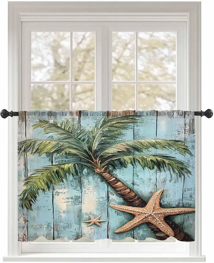 Sheer Curtains 54 Inch Length, Coastal Blue Green Tree Semi Sheer Curtains by Unknown