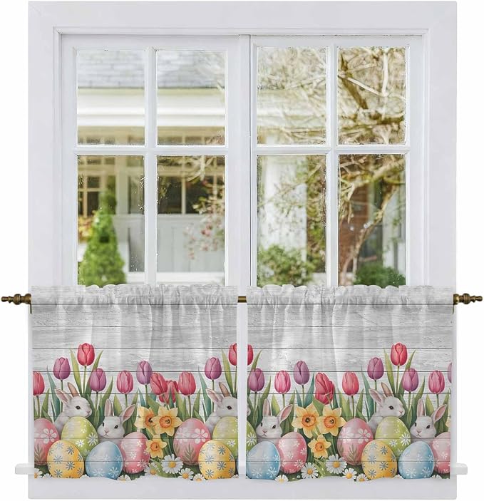 Easter Kitchen Tier Curtains 36 Inch Long 2 Panel Set, Rod Pocket Half Window - Image 2