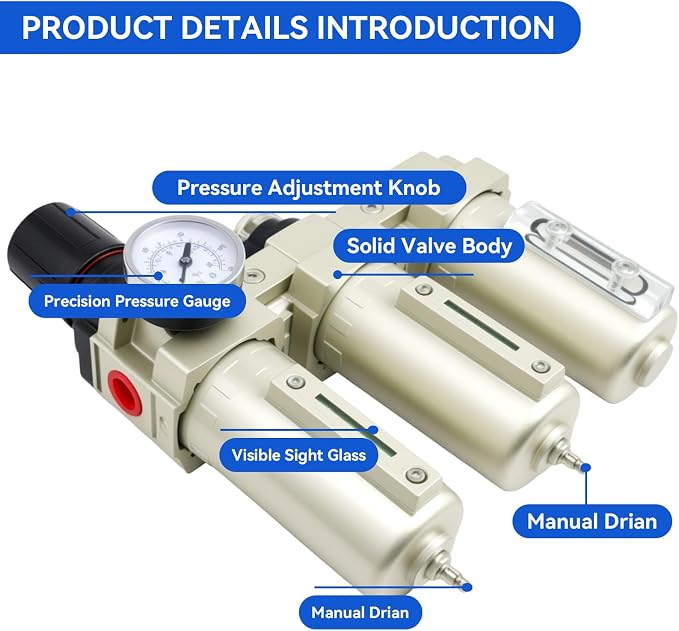 1/2" NPT Industrial Grade 3 Stage Air-Dryer-for-Compressor, Manual Drain - Image 2