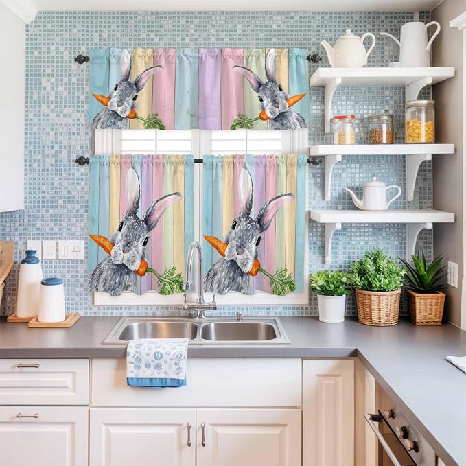 Easter Kitchen Curtain Set, Spring Grey Rabbit Carrots Colorful Wooden Plank - Image 6