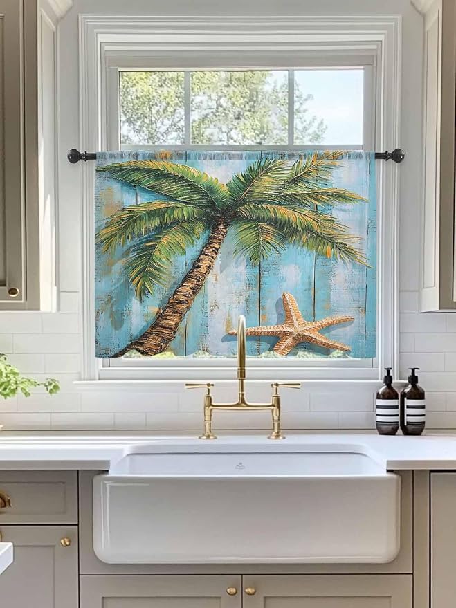 Sheer Curtains 54 Inch Length, Coastal Beach Tree Semi Sheer Curtains Light - Image 3