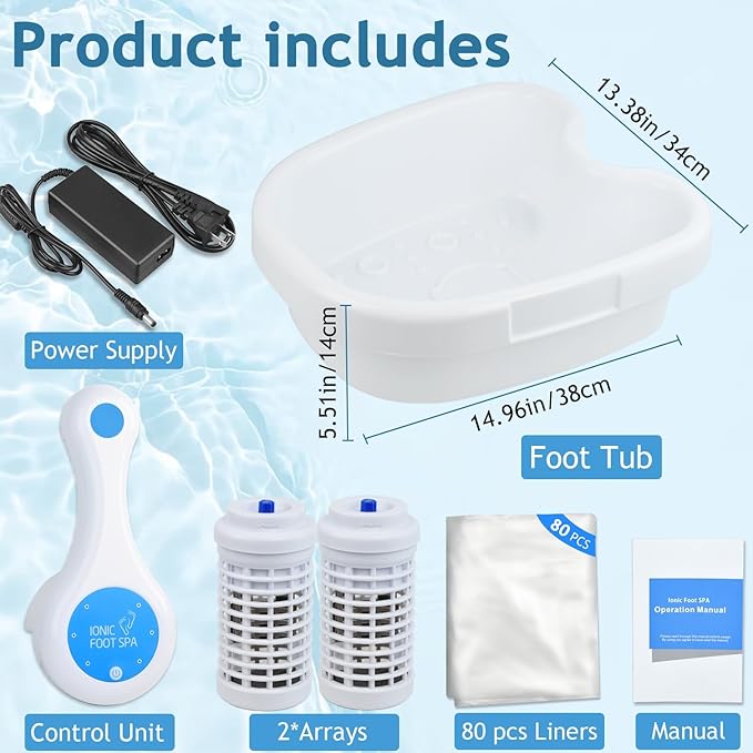 Ionic Foot Bath Detox Machine 3.0, Ionic Foot Spa for Home Detox with an Auto Start-Stop Control Unit, 2 Powerful Arrays, Foot Soaking Tub & 80 Liners