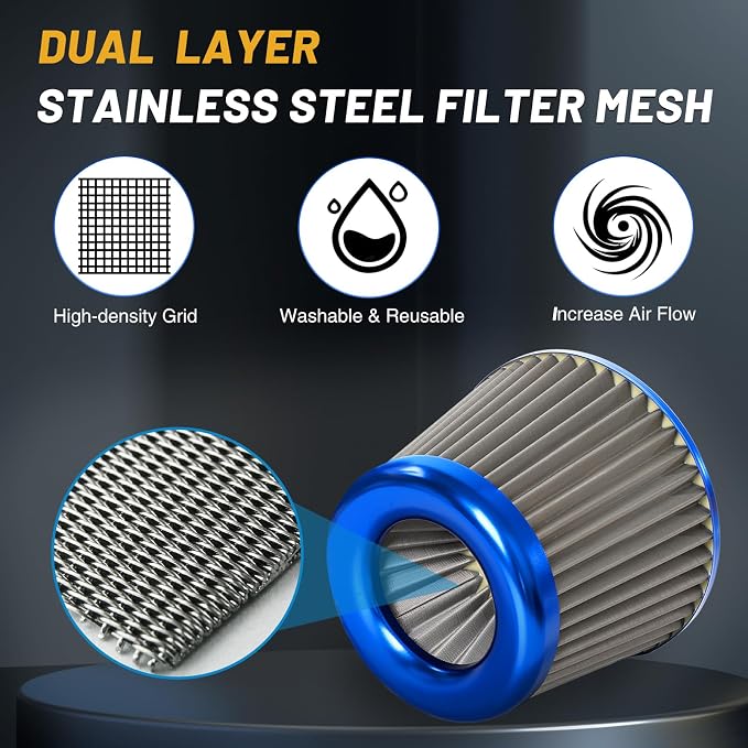 3" 76mm Universal High Flow Cold Air Intake Air Filter Upgraded Stainless Steel - Image 2