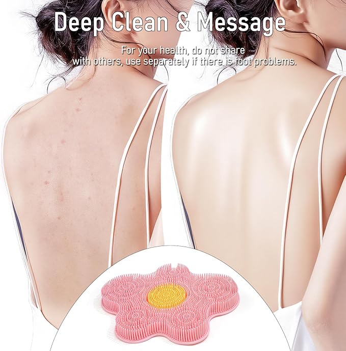 Shower Foot Scrubber Mat Silicone, Back Scrubber Exfoliating Washer Pad Wall-Mounted, Large Feet Clean Message with Suction Cups for Wall Smooth Floor - Extra long & Soft Bristles without Bending Pink