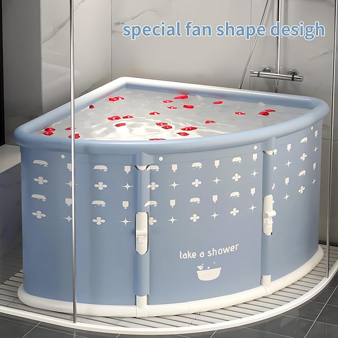 Foldable Bathtub for Adults, 28.8" Fan-Shaped Portable tub, Large Collapsible Soaking Tub Hot Bath & Ice Bath, Freestanding Corner Baths Thickened PVC No Installation Required, Indoor Outdoor