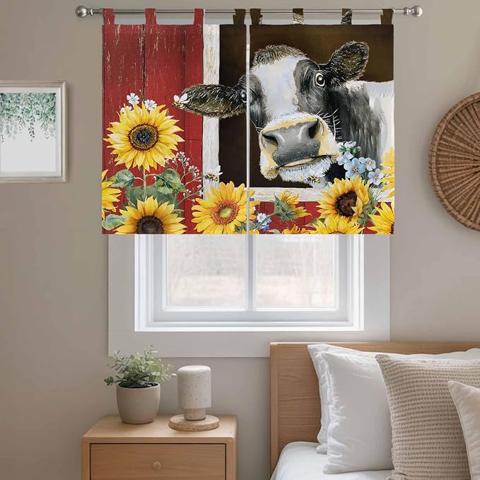 Cows Sunflowers Kitchen Curtains 45 Inch Length, Short Cafe Window Curtains Tab - Image 9