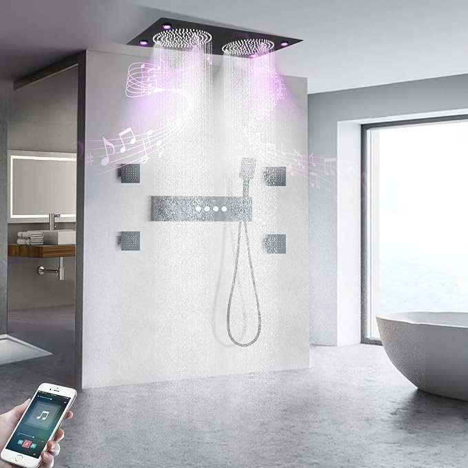 Smart Matte Black Rain LED Ceiling Shower Head With Handheld Spray, 12.5X24.5 Inch Super Large Rectangle Thermostatic Rainfall Shower System Fixtures Set And Body Jets For Double Bath