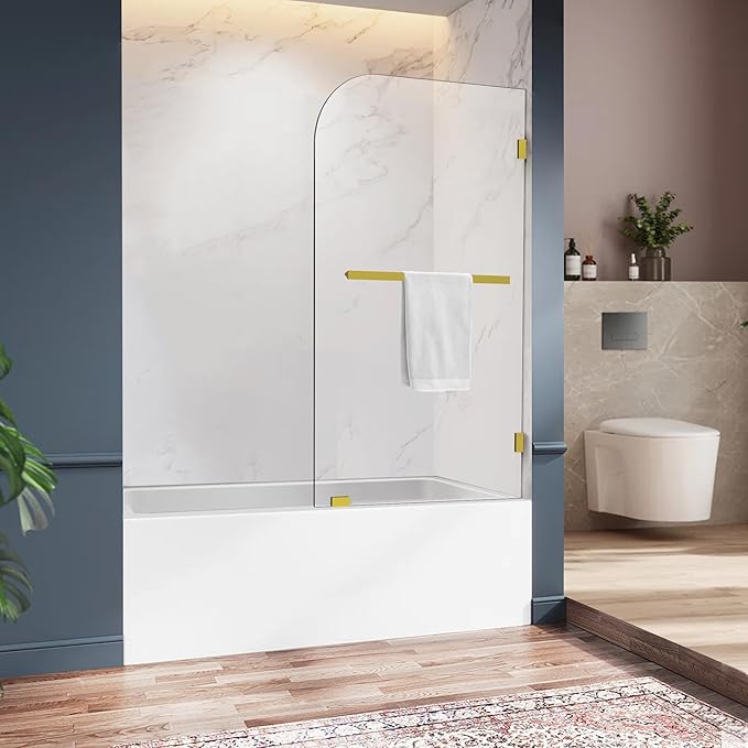 Bathtub Shower Door, 34" W X 58" H Fixed Bathtub Shower Glass Panel in Brushed Gold, 1/4"(6mm) Clear Tempered Frameless Shower Glass Door, Tub Shower Panel with Clamps and Handle