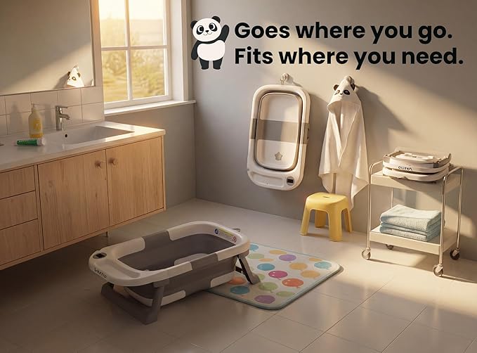 VASTIO™ 6-in-1 Collapsible Baby Bathtub Set – Foldable Baby Bath Tub for Newborn to Toddler, Portable Baby Bath Set with Cushion, Cap, Sponge, Rinse Cup & Towel – All-in-One Baby Bathing Essentials