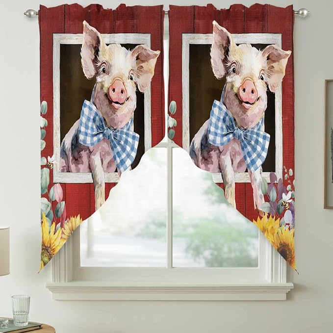 Pig Sunflowers Swag Valances for Windows, Eucalyptus Leaves Floral Bees Red - Image 7