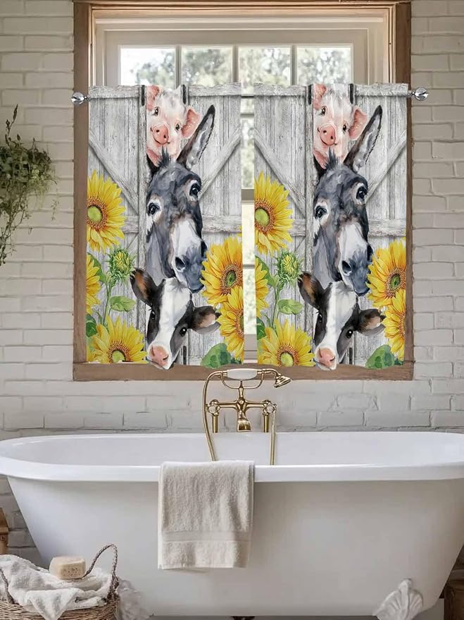 Farmhouse Kitchen Curtains 54 Inches length, Watercolor Sunflowers Animals - Image 7