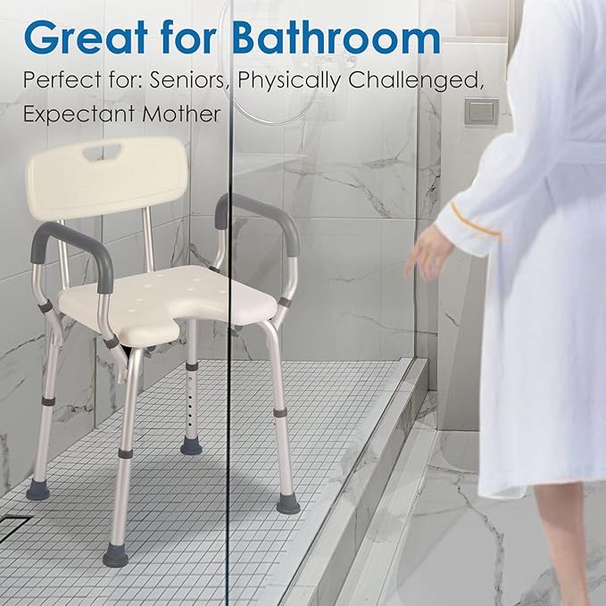 Shower Chair with Arms and Back Heavy Duty 330lbs, Shower Chair for Inside Shower, Shower Seat for Inside Shower Bathroom Chair with Cutout Seat & Cold-Proof Pads, Tools-Free Assembly
