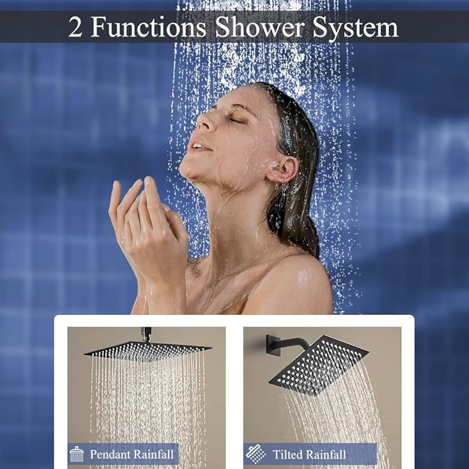 Shower Faucet Set Matte Black Shower System, Ceiling Mount 10 Inch Shower Head with 6 Inch Wall Mount Shower Head, Knob Switch Diverter Shower Faucet, Rough-in Valve Body and Trim Included