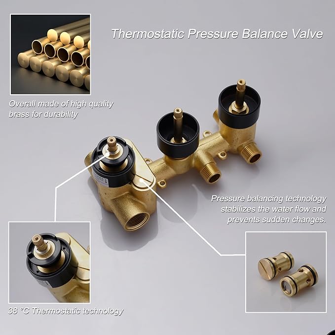 Thermostatic Shower System Matte Black Shower Faucet Set, Four Modes Shower Faucet with 4 PCS Body Jet, Handheld Spray, Ceiling Mount 12 inch Shower Head with 8 inch Wall Mount Shower Head