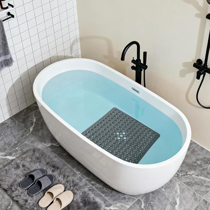 Anti-Slip Bathtub Shower mat, 20.8×20.8（Approximately 53×53cm） inch Soft Oversized Machine Washable Non-Slip Bathtub mat with Drainage Holes, Bathroom Floor Suction Cup.（1-Opaque Black）