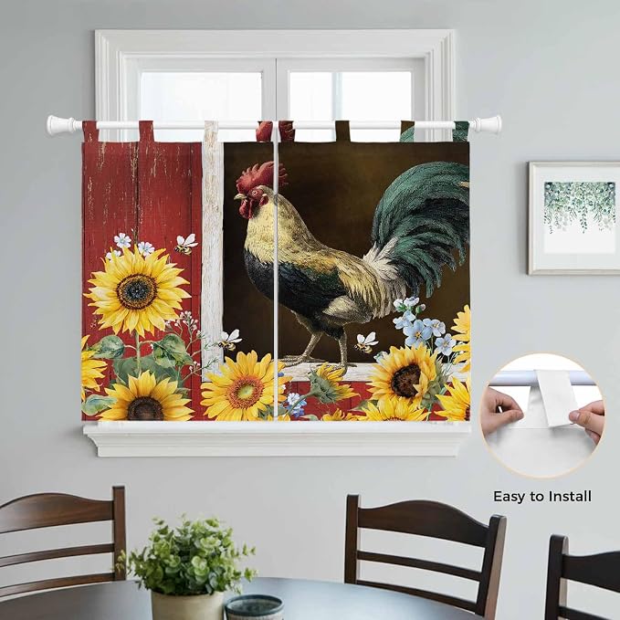 Chicken Sunflowers Kitchen Curtains 45 Inch Length, Short Cafe Window Curtains - Image 4