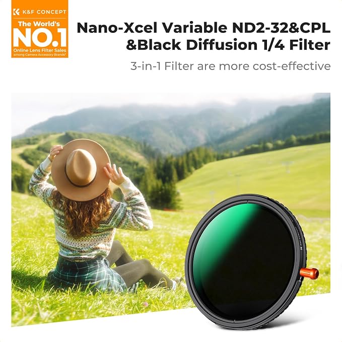 K&F CONCEPT 62mm Black Diffusion Mist Effect 1/4 & Variable ND2-32 & Circular - Image 2