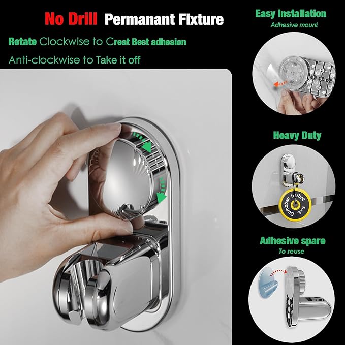 Handheld Shower Head Holder - 5 Positions Adjustable + 90° downwards - Adhesive Wall Mount - Fits Large showerhead - Wider Slot For Universal Fits - Polished Chrome