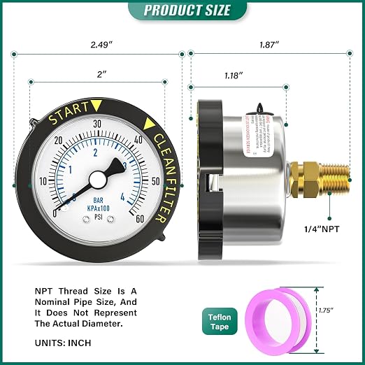 0-60PSI Stainless Steel Pool Filter Pressure Gauge, 1/4" NPT Back Mount - Image 2