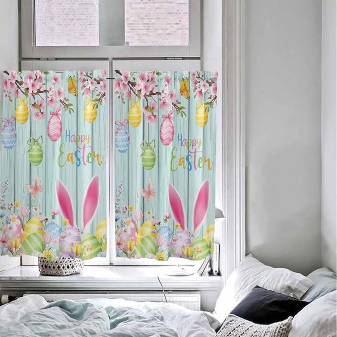 Happy Easter Kitchen Curtains 45 Inches length, Spring Bunny Eggs Flower Teal - Image 5