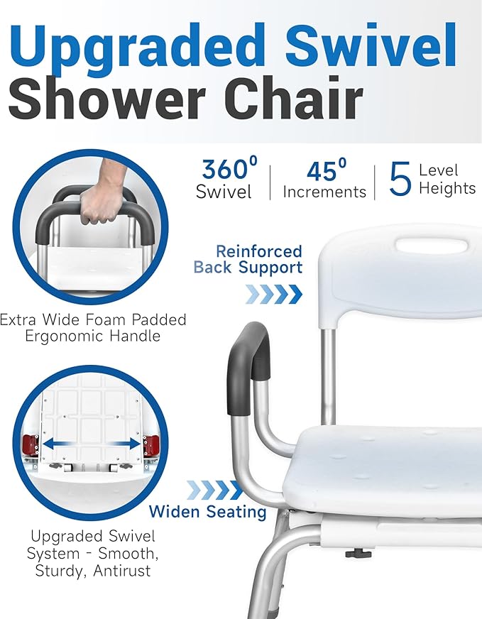 Sangohe Shower Chair for Inside Shower - 360⁰ Swivel Shower Chair - Heavy Duty Shower Seat with Back - Shower Chair for Bathtub with Arms for Handicap - Shower Seats for Elderly, 788A