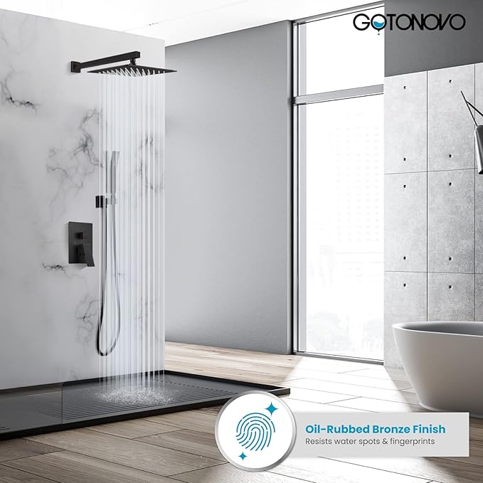 gotonovo Rainfall Bathroom Shower System Rain Shower Head and Handle Set Wall Mounted Shower Complete Combo Solid Brass Pressure Balancing Shower Mixer Valve 10 Inch Oil Rubbed Bronze