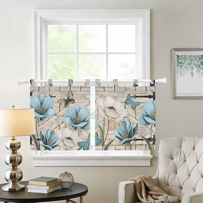 Teal Blue Tulips Kitchen Curtains 24 Inch Length, Small Window Curtains Tab Top - Image 2