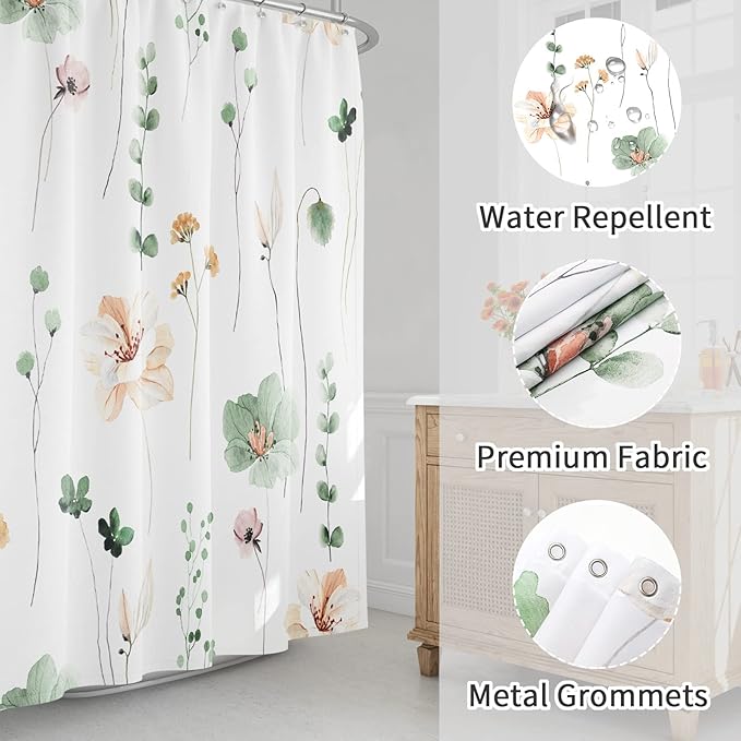 Gibelle Long Shower Curtain 72 x 78, Watercolor Floral Fabric Shower Curtain, Sage Green Beige Flower Decorative Bathroom Shower Curtain Set