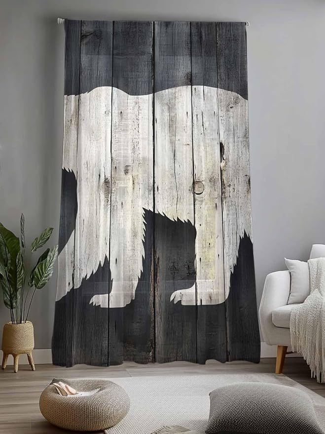Sheer Curtains 96 Inches Long, Rustic Counrty Vintage Wood Grain Privacy Voile - Image 2
