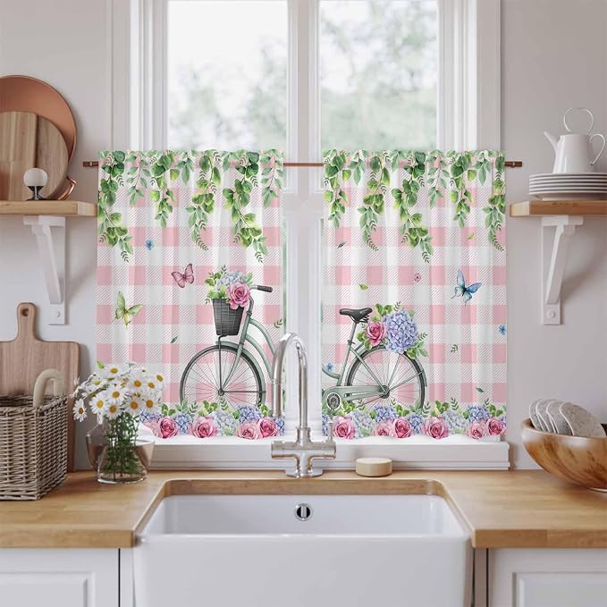 Spring Kitchen Curtains, Bicycles Leaves Butterfly Flowers Pink Buffalo Plaid by Unknown