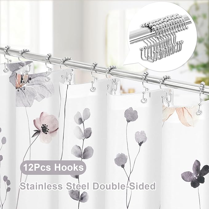 Gibelle 3 in 1 Shower Curtain Set, Charcoal Grey Watercolor Floral Bath Curtain and PEVA Liner Set with 12 Double Sided Steel Hooks, Waterproof Fabric Bathroom Curtain 72x72