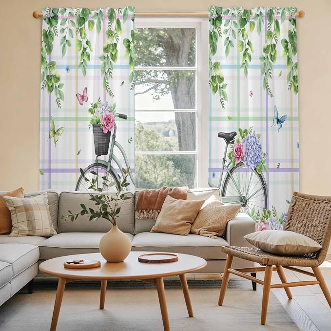 Spring Kitchen Curtains, Bicycles Botanical Leaves Rose Colorful Stripes Light - Image 3