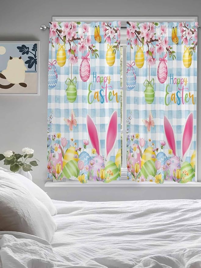 Happy Easter Bedroom Curtains 63 Inches length, Spring Watercolor Bunny Eggs - Image 5