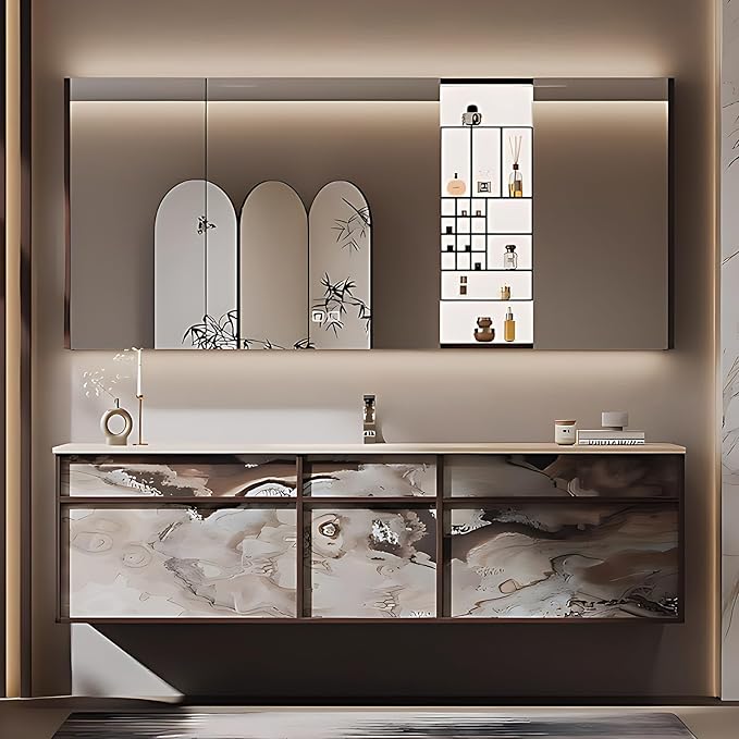 68IN Modern Bathroom Vanity with Sink - Bathroom Vanity with 2 Drawer Organizer, LED Mirror Lights & Defogging Function | Wall - Mounted Vanity with Silver Sink Faucet