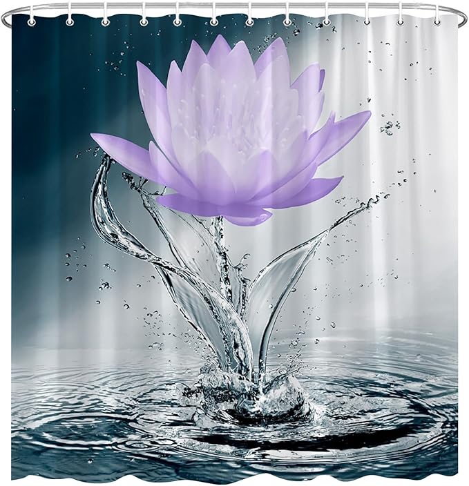 Lotus Shower Curtain Black White Blue Violet Flower Elegant Blooming Floral with Dew Spring Flower Reflection on Water Modern Romantic Polyester Fabric Bathroom Decor 70×70 Inch with Hook
