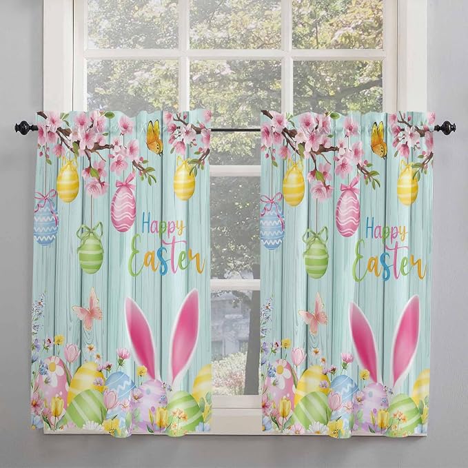 Happy Easter Kitchen Curtains 54 Inches Length, Spring Bunny Eggs Flower Teal - Image 2