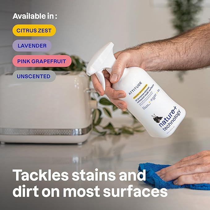 ATTITUDE All Purpose Cleaner Spray, EWG Verified, Vegan, Made with 94% Plant-Based Ingredients, Streak-Free for Kitchen, Bathroom, Glass & More, Lavender Scent, 27.1 Fl Oz