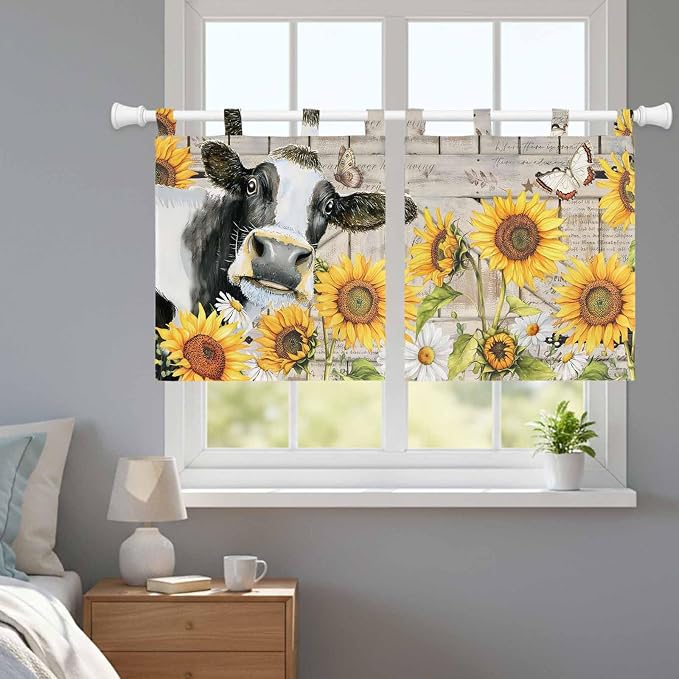 Yellow Sunflowers Kitchen Curtains 24 Inch Length, Small Window Curtains Tab Top - Image 9
