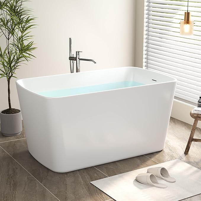 49" Acrylic Freestanding Soaking Tub w/Seat- Contemporary Design with Toe-Tap Drain & Brushed Nickel Overflow - 55 Gal, cUPC Certified