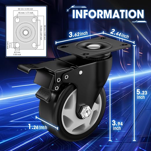 4" Heavy Duty Plate Casters, 1200 Lbs Dual Brake - Image 2