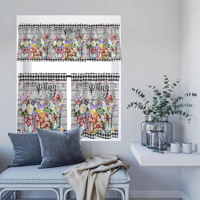 Spring Flowers Kitchen Curtain Set, Farmhouse Black Plaid Wood Grain Window - Image 8