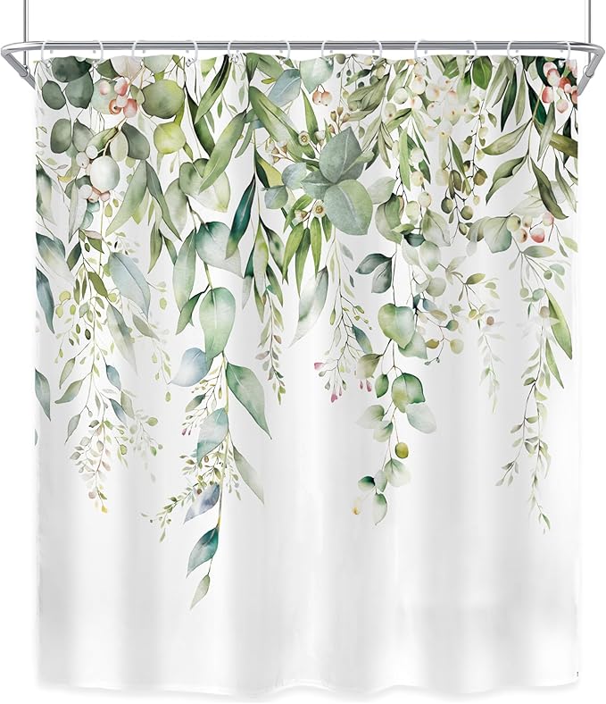 Riyidecor Sage Green Eucalyptus Shower Curtain,Fabric Cloth Bathroom Curtains,Leaves Plants Spring Floral Botanical Leaf Nature Watercolor Bath Shower Curtains Decor Set 72x72 Inch