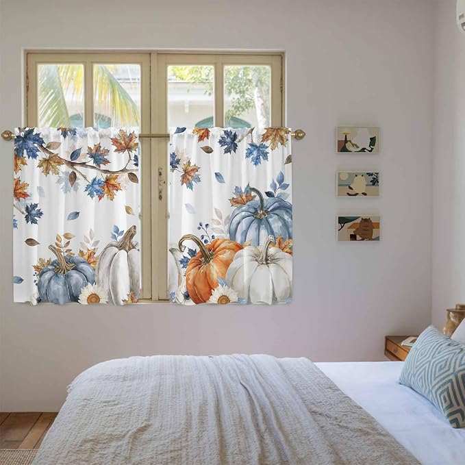 Navy Blue Pumpkin Fall Kitchen Tier Curtains 45 Inch Long 2 Panel Set, Rod - Image 4