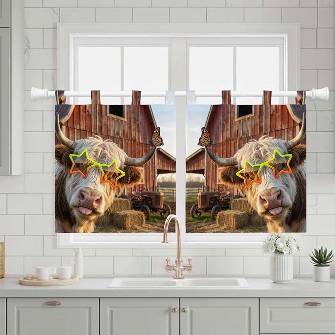 Farm Yaks Kitchen Curtains 24 Inch Length, Small Window Curtains Tab Top - Image 3